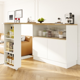 Barschrank mit 360° Drehfunktion, Kücheninsel Sideboard Aufbewahrungsschrank mit Glasschiebetür, Schubladen und offenen Ablagen
