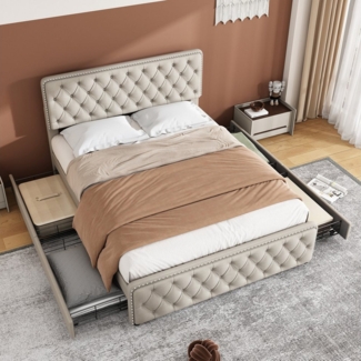 HAUSS SPOLE Polsterbett 180x200 cm mit 4 Schubladen,höhenverstellbares Kopfteil, Leinen,Beige (Höhenverstellbares Kopfteil), 180 X 200 cm,ohne-Matratze,mit vier Schubladen
