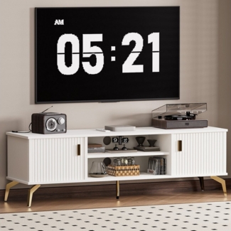 Yorbay Lowboard TV Schrank stehend, für Fernsehr bis zu 65 Zoll, 147cm Breit, Design TV Möbel mit 2 Türen,Metall Beine&Goldener Griffen,Modern Weiß