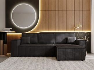 GrainGold Ecksofa L-Form PRATO mit Schlaffunktion und Bettkasten - Schwarz, Rechs, Polyurethanschaum, Wellfedern