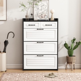 Schuhkommode 80 x 23,5 x 131 cm – drehbares Regal mit 3 Klappen und 2 Schubladen