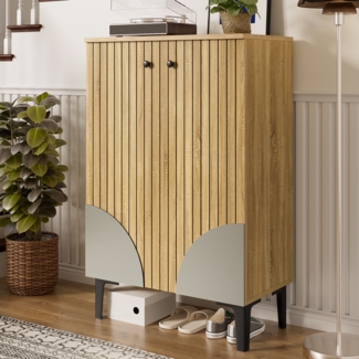 Merax Holz Schuhschrank mit Türen – Platzsparender Schuh-Organizer mit Regalfächern, Stauraum & schwarzem Metallgestell