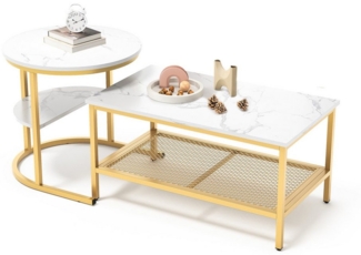 FUROKOY Couchtisch Wohnzimmer Tisch 2er Set Rechteckig Couchtisch mit Goldenen Beinen (Champagnerfarbe, Weiß-golden), Modern design Beistelltisch Tisch 2er set mit Stahlrahmen,Marmoroptik