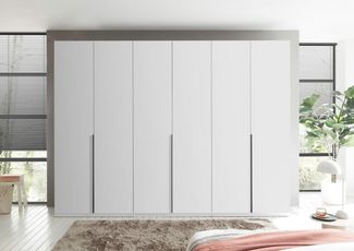 Kleiderschrank Luxus mit Mega Ausstattung Breite 3 Meter, Weiß Hochglanz mit 6 Türen – Drehtürenschrank, stilvoller Stauraum mit Hoteleinteilung und Schubkästen