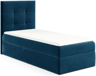 MEBLINI Kinderbett mit Bettkasten MINO 2 90x200 Links – H3/Blau Samt Gepolstert Einzelbett mit Matratze - Polsterbett mit Stauraum - Bett mit Kopfteil – Stauraumbett