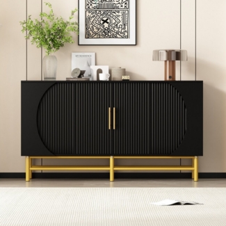 MODFU Sideboard Moderner Vier-Türen-Anrichte (Elegantes Vier-Türen-Sideboard mit vertikalen Streifen, verstellbaren Ablageplatten und goldenen Akzenten), mit vertikalen Streifen und verstellbaren Ablageplatten