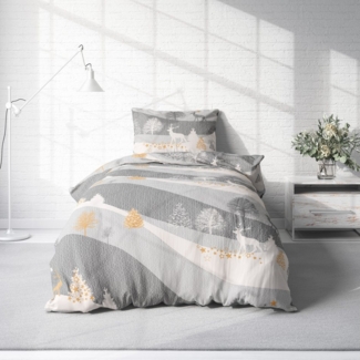 One Home Bettwäsche Winter Wonderland Weihnachten, Flanell, 2 teilig, Rentiere Winterlandschaft, kuschelig warme weiche Baumwolle Biber