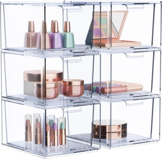 Refined Living Organizer 2er/4er/6er Set Stapelbare Acryl Make-up Organizer mit Ausziehgriffen (Acryl Aufbewahrungsschubladen, Kosmetik Organizer, Stapelbare Schubladenbox, Staubdichte Schubladen, Multifunktionale Aufbewahrung, Speisekammer,Transparent...