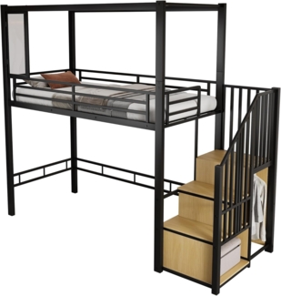 Hochbett mit Lattenrost und Aufbewahrung, 90x200 cm, Kinderbett mit Rausfallschutz und Treppe, Metallbett