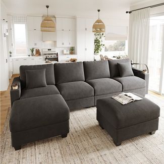 Merax Ecksofa U-Form Sofa mit Schlaffunktion, USB & Typ-C Ladeanschluss, modulares Cordsofa, Schlafsofa für Wohnzimmer, Schlafzimmer & Wohnung 1 Teile, Sofa mit 2 Hockern, Handyhalter, Getränkehalter & verdecktem Staufach