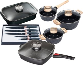 KING Topf-Set Square, Aluminiumguss (Set, 9-tlg, Stielkasserolle 18 cm, Kochtopf 20/24 cm, Bräter, Viereckpfanne 28 cm), Induktion