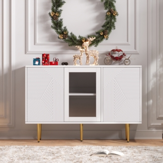 Modernes Schrank Set Weiß mit 3 Schränken und Glastüren Aufbewahrungsmöbel mit Metallbeinen Wohnzimmer Schrank Set 120 cm Breite Schiebetüren Schrankkombination für Deko und Stauraum