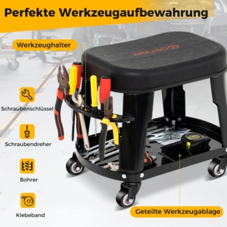 Werkstatthocker Werkstattstuhl mit Geräteablage und Werkzeughalter Werkstatt Rollhocker Schwarz
