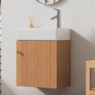 Badezimmerschrank mit Keramikwaschbecken, 3D-Frontdesign, wasserdicht und verschleißfest,Soft-Close Türsystem, pflegeleicht, Weiß & Natur