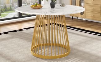 Runder Esstisch B 80 x T 80 x H 76 cm, MDF-Tischplatte in Weiß, Metallbeine in Gold, mit Niveauausgleich