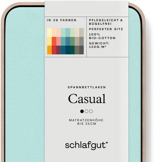 Schlafgut 'Casual' Spannbettlaken, für Matratzen bis 25 cm Höhe, 100% Bio-Baumwolle, Petrol Light, S 90x190 cm - 100x200 cm