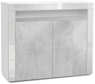 Vladon Kommode Valencia, Sideboard mit 2 Türen und 1 offenem Fach, Weiß matt/Beton Oxid Optik/Weiß Hochglanz (108 x 92 x 40 cm)