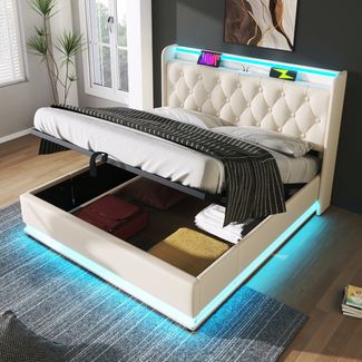 Merax Polsterbett 140*190 cm, Doppelbett, 360-Surround-LED-Funktion, weiß PU-Material Hydraulisches Lagerbett, gepolstertes Kopfteil mit USB Typ-C Ladefunktion
