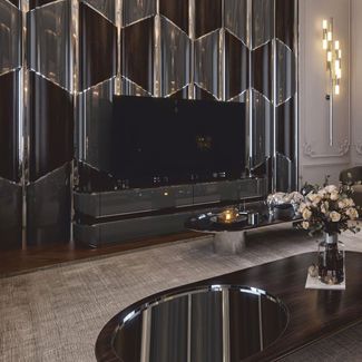 Casa Padrino Luxus TV Schrank Grau / Dunkelbraun / Silber 233 cm - Wohnzimmer & Hotel Möbel