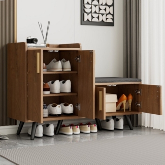 MODFU Schuhbank mit mehreren Ebenen zur Aufbewahrung (Schuhbank aus Holz mit asymmetrischen Metallgriffen – 4 Aufbewahrungstüren, gepolsterte Sitzfläche, Kippsicherung, ideal für Flur und Wohnzimmer – B120/D34/H82 cm, 1-St), mit Sitzbank, verstellbare ...