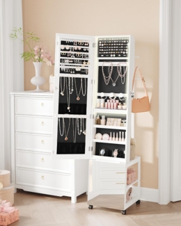 Hzuaneri Schmuckschrank mit Lichtleiste, Ganzkörperspiegel und Rädern, abschließbar, MDF weiß, 169 x 44,5 x 36,7 cm
