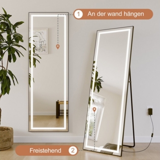 AQUABATOS Ganzkörperspiegel Led Wand schwarz mit Beleuchtung Rahmen großer Standspiegel (Wandspiegel Flurspiegel Modern Spiegel Flur Ganzkörper, Alurahmen, stehend oder wandmontiert), kaltes Licht, deutscher Netzstecker, Halterung aus Eisen