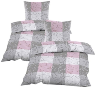 Casa Colori Bettwäsche Seersucker Garnitur 135x200 Reißverschluss in Grau Rosa kariert, Seersucker, 4 teilig, luftig leichte Sommerbettwäsche