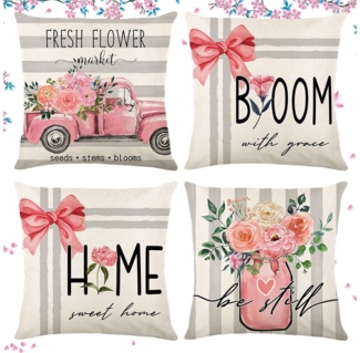 Jibenhome Kissenbezüge 45x45 Kissenbezug, 4er Kissenhülle Leinen Weiche Dekokissenbezug Sofa, Blume Pillow Cover Kissen Bezug, Zierkissenbezug Garten Wohnzimmer