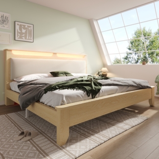 Merax Doppelbett Holzbett 140×200cm, Kopfteil mit Stauraum, LED-Beleuchtung und Beigefarbener Cordpolster-Rückenlehne, Heller Eiche(Ohne Matratze)