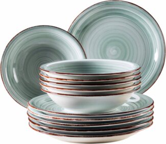 my home Tafelservice Teller Set, Geschirr-Set Bel Tempo (12-tlg), 6 Personen, Keramik, rustikale Holzoptik mit Spiraldekor, 12 Teile, für 6 Personen