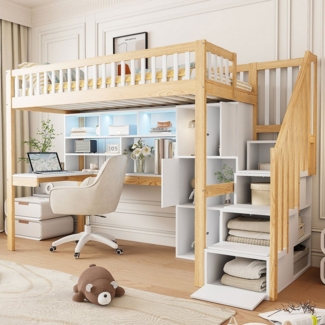 Flieks Hochbett Kinderbett 90x200cm mit Ambientelicht, Ablagefächer und Schreibtisch