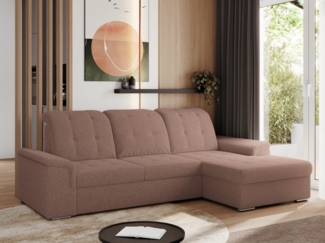 L-förmige Ecksofa mit gesteppter Sitzfläche und Rückenlehne, verstellbare Rückenkissen, Schlaffunktion und Bettkasten - MADRITO - Rosa Boucle - rechte Seite