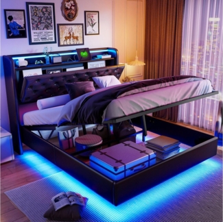 Furnishings Home Polsterbett Stauraumbett Doppelbett (USB & TYPE-C, Hydraulisch Bettkasten, Multifunktionsbett), Mit LED-Beleuchtung, Ladefunktion, Kunstleder, 140x200 cm