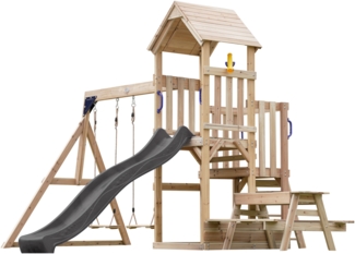 AXI Mette Spielturm aus Holz mit 2 Schaukeln XXL Spielhaus / Spielplatz für Kinder mit Picknicktisch, Sandkasten & Rutsche , grau | Braun, Grau | Holz | 383 cm