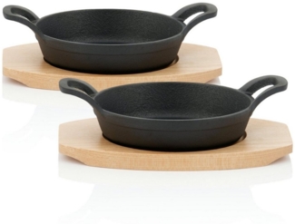 BBQ-Toro Servierpfanne Gusseisen Servierpfännchen mit Holzunterlage (2 Stück), Ø 16, Gusseisen