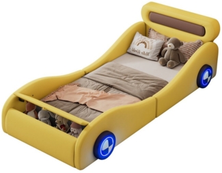 TavilaEcon Kinderbett Einzelbett, Jugendbett, Polsterbett in Form eines Autos (Ohne Matratze), mit leuchtenden Rädern und Stauraum, 90×200cm