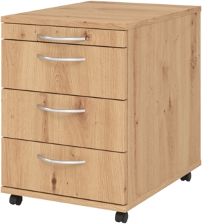 bümö basic Rollcontainer mit Schubladen, Container aus Holz in Asteiche - Rollwagen für's Büro als Schreibtisch Unterschrank, Bürocontainer od. Schreibtischcontainer mit Bogengriffe, 1606-R-R-BO
