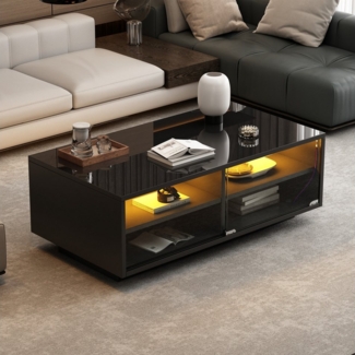 KLAM HOME Couchtisch 94x50x34 cm Schwarzer Hochglanz-LED-Couchtisch (Sofatisch aus gehärtetem Glas mit 2 Schubladen), Aufbewahrungstisch mit Vitrinentür für das Wohnzimmer