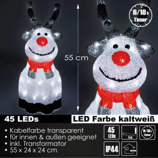 Acryl Elch 45 LEDS Weihnachtsfigur beleuchtet Timer Weihnachtsdeko Außen & Innen