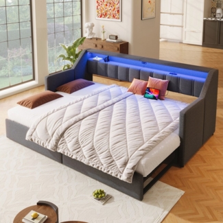 Merax Daybett 90x200cm/180x200cm mit Ausziehbett und 2 Schubladen (1 tlg), Tagesbett mit LED-Leiste, Schlafsofa mit Anschlüssen, Leinen