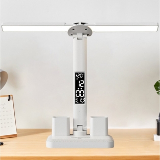 REDOM LED Schreibtischlampe Tischlampe mit Doppel-Lampenkopf Augenschutz Lampe Bürolampe Lernlampe, Einstellbarer Winkel, LED fest integriert, 3 Farbtemperaturen, 360° einstellbar Dimmbare Augenpflege mit Stifthalter Kalender