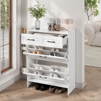 Schuhschrank Weiß 80x34x107,5 cm mit 2 Klapptüren & 1 Schublade, 4 Ebenen für 8–12 Paar Schuhe