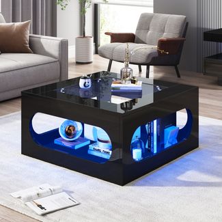 Quadratischer Wohnzimmertisch 70 x 70 x 35 cm,gehärtetes Glas, Stauraum in der Mitte, LED-Lichtleiste per App steuerbar, schwarz