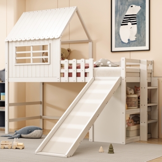 Merax Hochbett Kinderbett 90 x 200 cm, Massivholzbett Dachboden-Design mit Sicherheitsleiter und Sicherheitsrutsche, mehrstöckige Ablagefächer Multifunktionsbett Einzelbett, Weiß