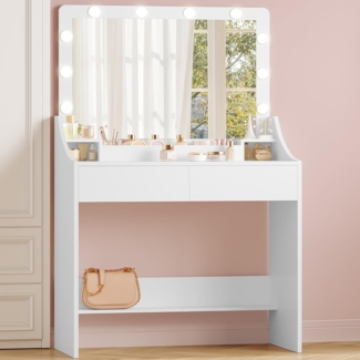 Schminktisch mit Gro?e HD-Spiegel, Schminktisch mit 3 Verstellbaren LED-Beleuchtung, Frisiertisch mit 2 Schubladen, Geteilte Platte, Schlafzimmer, Ankleidezimmer, Modern, Wei?