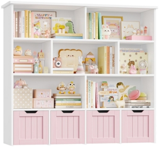 Homfa Kinderregal mit 4 Spielzeugkisten auf Rollen, Spielzeugregal mit 7 offenen Fächern Spielzeugtruhe 125x118x33cm weiß