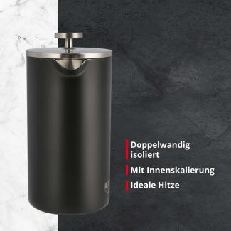 Meisterkoch French Press Kaffeepresse Thermo-Kaffeebereiter aus Edelstahl in schwarz, 1 Liter, 5-7 Tassen, doppelwandig isoliert, rostfrei, nachhaltig, für Camping, Reisen und Zuhause