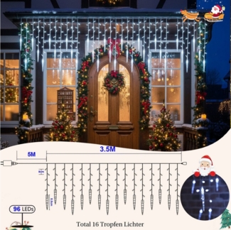 Rosnek LED-Lichtervorhang Eiszapfen-Anhänger, 8 Modi, Timer, für Traufe Weihnachtsdeko, Memory-Funktion, anschließbar, Niedrige Spannung, 96 LEDs, 3.5M