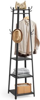 VASAGLE Garderobenständer, Kleiderständer, Garderobe mit 8 Doppelhaken, 4 Ablagen, Kleiderstange, mit Metallrahmen, für Schals, Jacken, Taschen, für Flur, anthrazitgrau-tintenschwarz LCR080B03