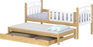 WNM Group Kinderbett Ausziehbar mit Rausfallschutz Suzie - aus Massivholz - Ausziehbett für Mädchen und Jungen - Bett mit Schublade - Funktionsbett 180x80 / 170x80 cm - Natürliche Kiefer